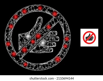 Constellation net mesh forbidden thumb up icon with majestic light spots. Illuminated constellation is created from forbidden thumb up vector icon and crossed lines. Flare frame forbidden thumb up,