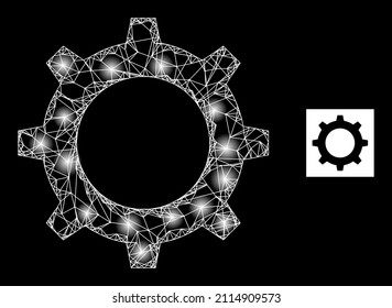 Icono del engranaje de malla de la red de constelación con manchas brillantes. Constelación iluminada realizada a partir del icono del vector del engranaje y de las líneas de cruce. Engranaje del marco de constelación, sobre un fondo negro.