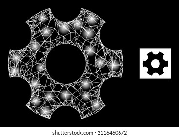 Constellation net mesh gearwheel icon with illuminated spots. Illuminated constellation done from gearwheel vector icon and intersected lines. Glossy frame gearwheel, on a black background.