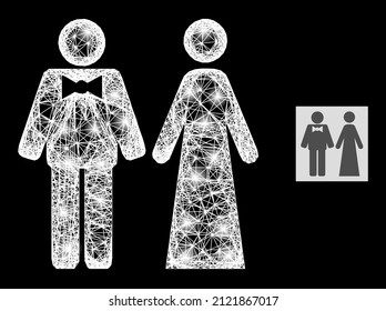 Konstellationsnetzmasche nur verheiratete Personen mit hellen Flecken auf schwarzem Hintergrund. Leichtes Vektormodell, das aus einem Foto von nur verheirateten Personen mit unregelmäßigem Netzwerk und Lichtpunkten erstellt wurde.