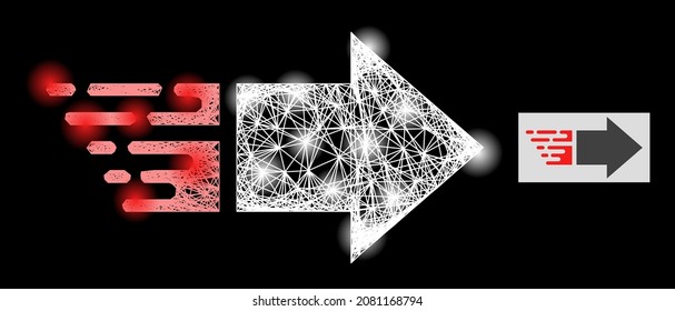 La malla de la red de constelación se mueve a la derecha con manchas de luz sobre un fondo negro. La malla vectorial de luz se basa en el pictograma derecho de movimiento, con malla irregular y puntos de luz.