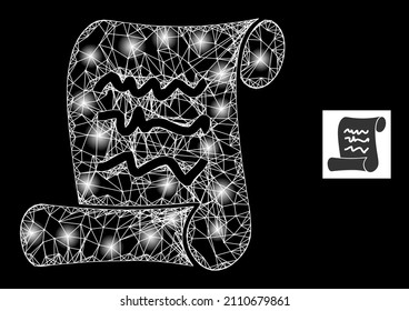 Konstellation Netz-Gitter-Drehbuch-Symbol mit funkelnden Lichtpunkten. Illuminierte Konstellation erstellt aus Skript-Seitenrollen Vektorsymbol und Kreuzung Linien.
