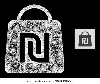 Constellation net mesh shekel shopping bag with light spots on a black background. Light vector mesh is based on shekel shopping bag picture, with linear mesh and light spots.