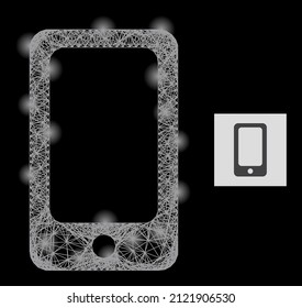 Constellation net mesh smartphone with light spots on a black background. Illuminated vector constellation is based on smartphone symbol, with linear net and light spots.