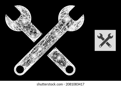 Constellation net mesh spanners with light spots on a black background. Light vector model based on spanners glyph, with intersected network and light spots.