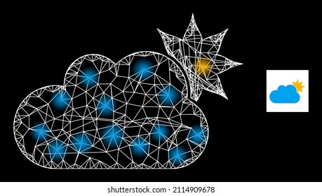 Constellation net mesh sun cloud icon with bright light spots. Illuminated constellation created using sun cloud vector icon and crossing lines. Constellation frame sun cloud, on a black background.