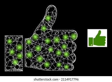 Icono de malla neta de constelación con manchas luminosas. La constelación iluminada se crea utilizando el icono del vector del dedo pulgar arriba y las líneas de cruce. El cuadro de constelación hacia arriba, sobre un fondo negro.
