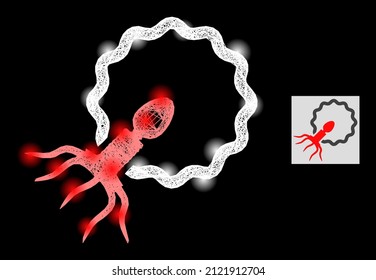 Constellation net mesh virus penetrating cell with light spots on a black background. Light vector mesh is created from virus penetrating cell icon, with intersected net and light spots.