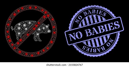 Constellation net no pig with light spots, and No Babies blue round dirty stamp. Vector frame generated from no pig icon. Constellation carcass polygonal no pig.