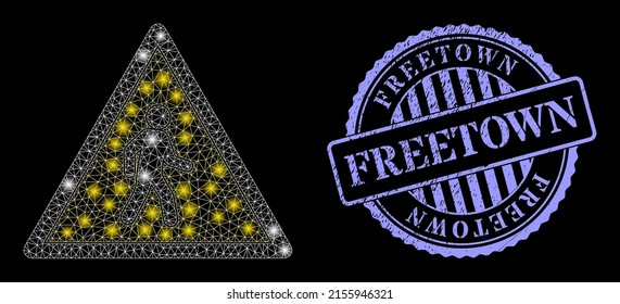Constellation net pedestrian man danger with lightspots, and Freetown blue round dirty watermark. Vector carcass created from pedestrian man danger icon.