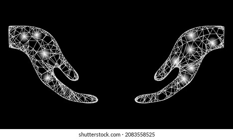 Constellation net repair service hands with glowing spots. Vector carcass based on repair service hands icon, and with crossing lines.