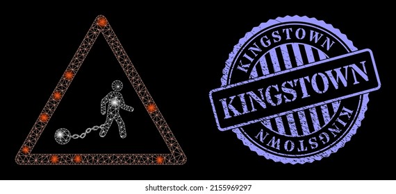 Aviso de esclavitud neta de constelación con manchas ligeras, y sello de textura redondo azul Kingstown. Marco vectorial generado a partir del icono de advertencia de esclavitud. Alerta de esclavitud en malla de marco brillante.