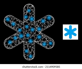 Icono de copo de nieve neto de constelación con manchas luminosas brillantes. La constelación iluminada se crea utilizando un icono vectorial de copo de nieve y líneas interseccionadas. Espectacular copo de nieve, sobre fondo negro.