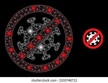 Constellation net stop virus web icon with flare spots. Illuminated constellation generated using stop virus vector icon. Constellation carcass web polygonal stop virus, on a black background.