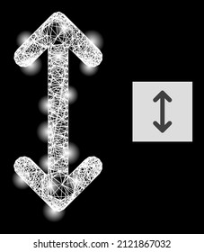 Constellation net swap arrows vertically with glowing spots on a black background. Light vector mesh is based on swap arrows vertically picture, with irregular mesh and light dots.