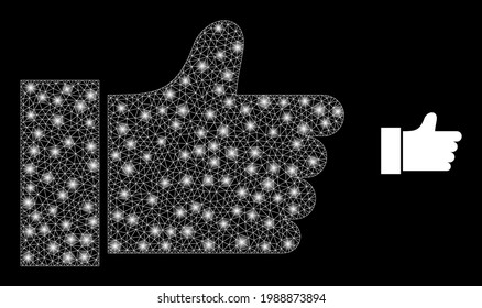 Constellation net thumb up with glowing spots. Vector constellation based on thumb up icon. Glowing carcass polygonal thumb up on a black background.