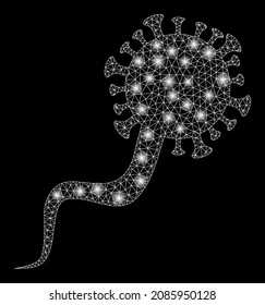 Constellation net virion virus icon with light spots on a black background. Bright vector mesh is based on virion virus icon, with triangulated mesh and scattered light spots.