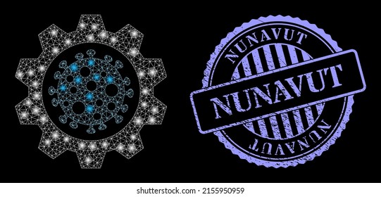 Constellation net virus gear with light spots, and Nunavut blue round textured stamp. Vector model generated from virus gear icon. Illuminated carcass polygonal virus gear.