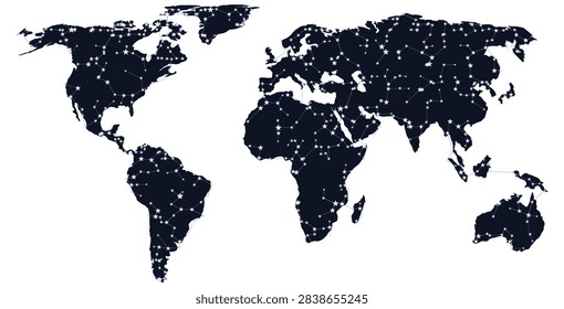 Constellation Net World Map in Deep Space Net Palette Featuring clustered star constellations connected by thin lines Across Continents for Somber Modern Poster Print and Decorative Wall Art