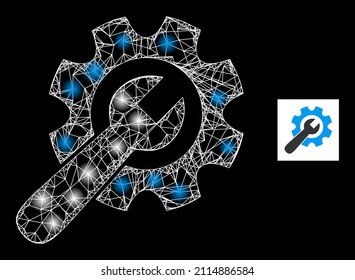 Constellation net wrench with gear icon with glitter spots. Illuminated constellation is done from wrench with gear vector icon and intersected lines. Illuminated frame wrench with gear,