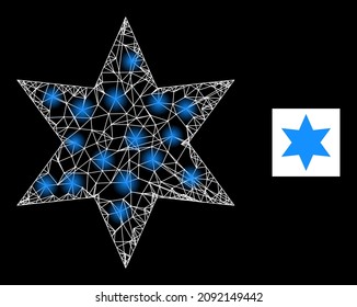 Constellation network 6-finger star icon with illuminated light spots. Illuminated constellation is done from 6-finger star vector icon and crossing lines. Flare carcass 6-finger star,
