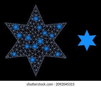 Constellation network 6-finger star web icon with illuminated light spots. Illuminated constellation is done using 6-finger star vector icon. Glowing carcass web polygonal 6-finger star,
