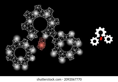 Constellation network broken gear mechanism web icon with glossy light spots. Illuminated constellation generated from broken gear mechanism vector icon.