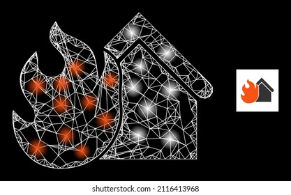 Constellation network burning house icon with illuminated light spots. Illuminated constellation is created from burning house vector icon and intersected lines. Flare carcass burning house,