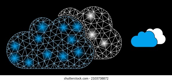 Constellation network clouds web icon with glowing spots. Illuminated constellation is generated using clouds vector icon. Flare frame web polygonal clouds, on a black background.