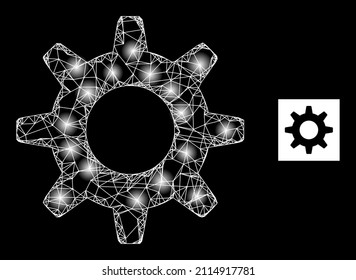 Constellation network cogwheel icon with illuminated light spots. Illuminated model done using cogwheel vector icon and intersected lines. Constellation carcass cogwheel, on a black background.