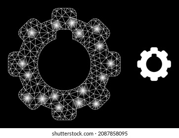 Constellation network cogwheel web icon with glossy spots. Illuminated constellation created from cogwheel vector icon. Illuminated carcass web polygonal cogwheel, on a black background.