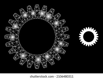 Constellation network cogwheel web icon with illuminated light spots. Illuminated model done from cogwheel vector icon. Sparkle carcass web polygonal cogwheel, on a black background.