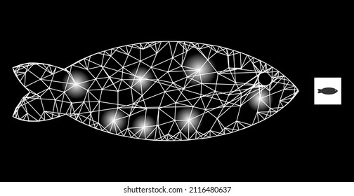 Konstellation Netzwerk Fisch Symbol mit beleuchteten Flecken. Das Leuchtmodell wird mit dem Fisch-Vektorsymbol und den Schnittlinien erstellt. Sternbild-Rahmenfisch auf schwarzem Hintergrund.