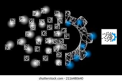 Constellation network gear assembling icon with glowing light spots. Illuminated constellation is generated from gear assembling vector icon and crossing lines. Constellation carcass gear assembling,