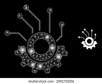 Constellation network gear electronics web icon with illuminated spots. Illuminated constellation done using gear electronics vector icon. Illuminated frame web polygonal gear electronics,