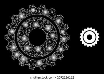 Constellation network gearwheel web icon with bright spots. Illuminated constellation created using gearwheel vector icon. Illuminated carcass web polygonal gearwheel, on a black background.