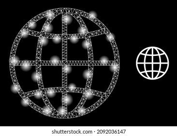 Constellation network globe web icon with bright spots. Illuminated constellation is created from globe vector icon. Bright carcass web polygonal globe, on a black background.