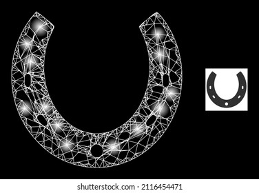Constellation network horseshoe icon with glowing light spots. Illuminated model is generated using horseshoe vector icon and intersected lines. Constellation carcass horseshoe, on a black background.