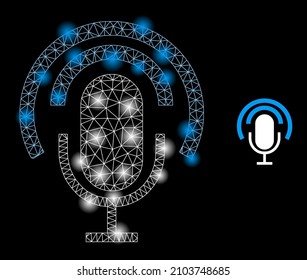Constellation network podcast microphone web icon with magic spots. Illuminated constellation is created from podcast microphone vector icon. Constellation frame web polygonal podcast microphone,