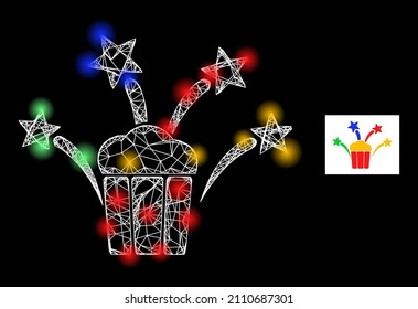 Constellation network popcorn fireworks icon with bright light spots. Illuminated constellation is generated from popcorn fireworks vector icon and intersected lines.