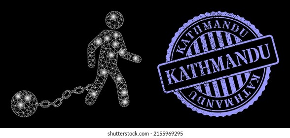 Constellation network slave iron with glowing spots, and Kathmandu blue round grunge stamp. Vector frame based on slave iron icon. Constellation frame polygonal slave iron.