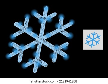 Constellation network snowflake with glowing spots on a black background. Bright vector mesh is based on snowflake glyph, with irregular mesh and light spots.