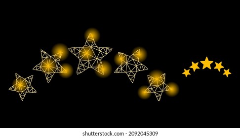 Constellation network star rating web icon with glossy spots. Illuminated constellation created from star rating vector icon. Illuminated carcass web polygonal star rating, on a black background.