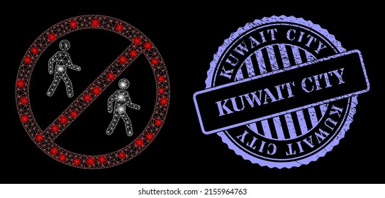 Constellation network stop pedestrian men with light spots, and Kuwait City blue round scratched stamp seal. Vector carcass based on stop pedestrian men icon. Bright carcass mesh stop pedestrian men.