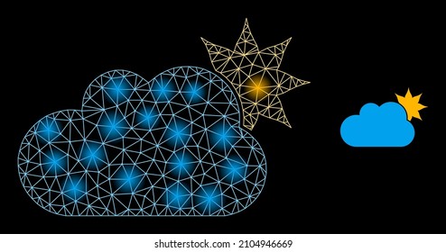 Constellation network sun cloud web icon with glossy spots. Illuminated constellation is generated using sun cloud vector icon. Flare frame web polygonal sun cloud, on a black background.