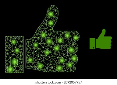 Constellation network thumb up web icon with glowing spots. Illuminated model generated using thumb up vector icon. Constellation carcass web polygonal thumb up, on a black background.