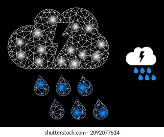Constellation network thunderstorm web icon with illuminated light spots. Illuminated constellation created using thunderstorm vector icon. Glossy carcass web polygonal thunderstorm,