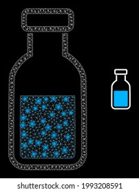 Vial de la red de constelación con manchas brillantes. Constelación vectorial creada a partir del icono del vial. Vial de malla de marco de constelación sobre un fondo negro.