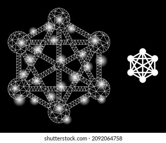 Constellation network web icon with glossy spots. Illuminated constellation created from network vector icon. Constellation carcass web polygonal network, on a black background.