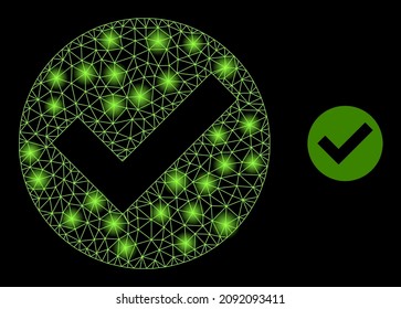 Constellation network yes mark web icon with glowing spots. Illuminated constellation is done using yes mark vector icon. Constellation frame web polygonal yes mark, on a black background.